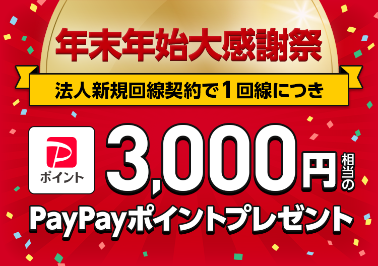 【年末年始 大感謝祭】法人新規契約でPayPayポイント3,000円分プレゼント スマホ用画像