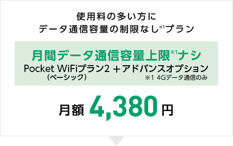 使用量の多い方にデータ通信容量の制限なしプラン 月間データ通信容量上限ナシ Pocket WiFi&reg;プラン2（ベーシック）＋アドバンスオプション 月額4,380円