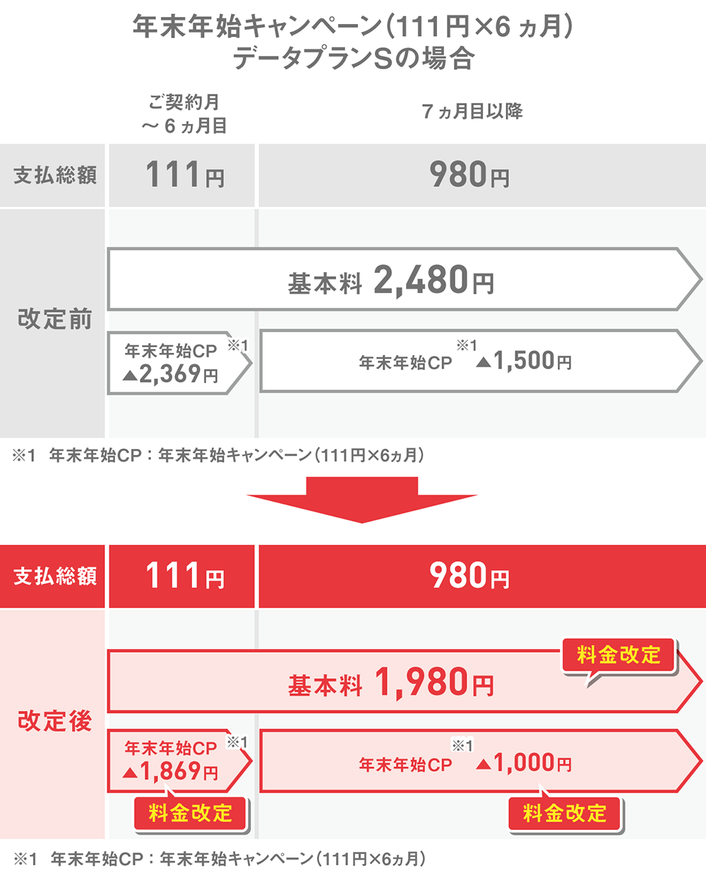 お支払いイメージ 年末年始キャンペーン（111円×6ヵ月）、いい買物の日 データプランSの場合