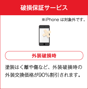 破損保証サービス ※iPhonehは対象外です。 外装破損時 塗装はく離や傷など、外装破損時の外装交換価格が90％割引されます。