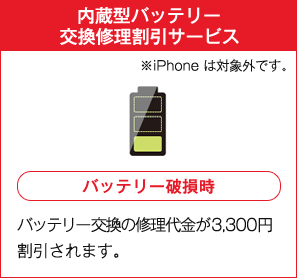 内蔵型バッテリー交換修理割引サービス ※iPhoneは対象外です。 バッテリー破損時 バッテリー交換の修理代金が3,300円割引されます。