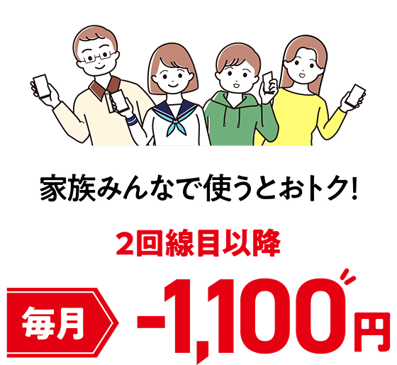 家族みんなで使うとおトク！　2回線目以降 毎月-1,100円