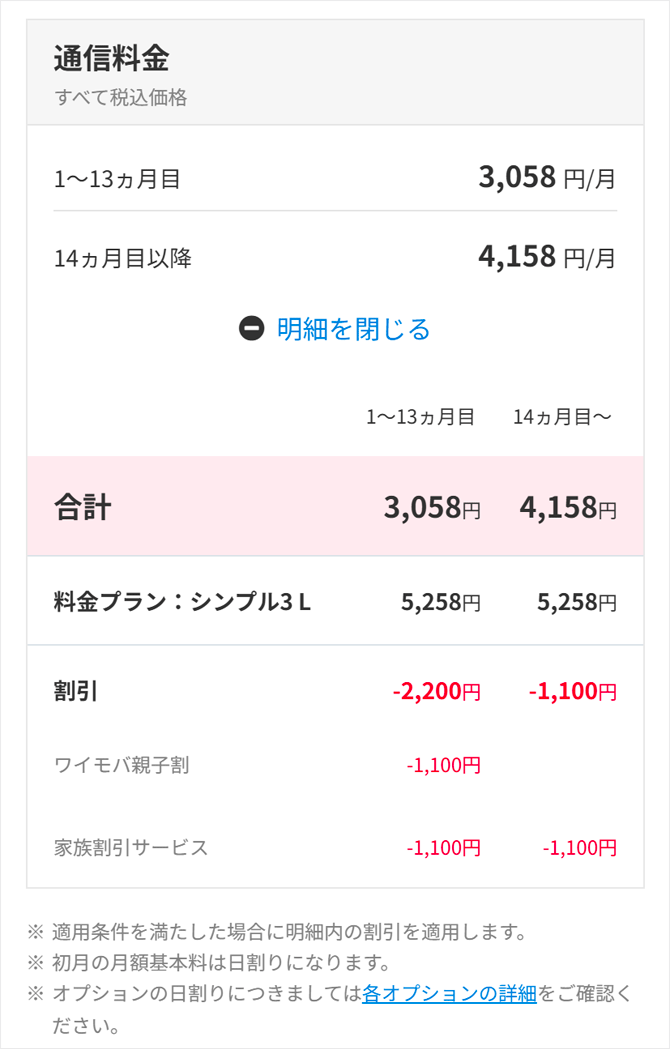 料金プラン シンプル3 適用は後日判定のため、申込画面では親子割の表示はありません。
