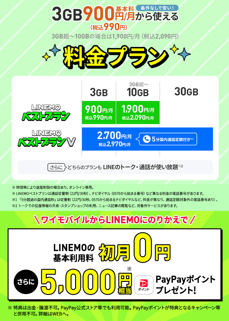 ワイモバイルからLINEMOにのりかえでLINEMOの基本利用料初月0円 さらに5,000円相当PayPayポイントプレゼント！※